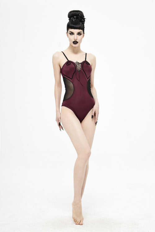 Punk One-Piece Swimsuit - Wine Red Waist Splice Mesh, Red, Women's Style, Gothic Style - additional product view 6