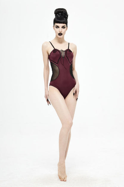 Punk One-Piece Swimsuit - Wine Red Waist Splice Mesh, Red, Women's Style, Gothic Style - additional product view 6