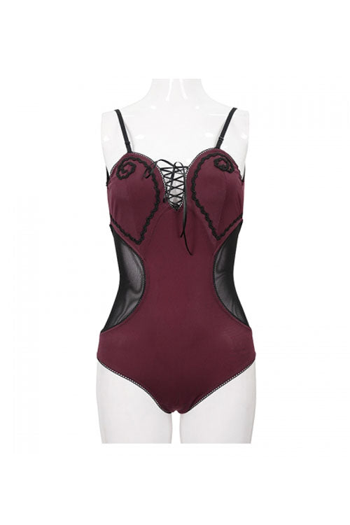 Punk One-Piece Swimsuit - Wine Red Waist Splice Mesh, Red, Women's Style, Gothic Style - additional product view 13
