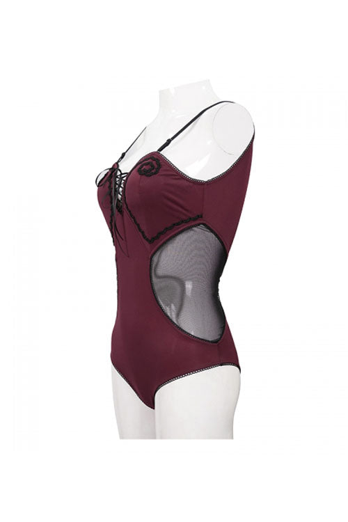 Punk One-Piece Swimsuit - Wine Red Waist Splice Mesh, Red, Women's Style, Gothic Style - additional product view 14