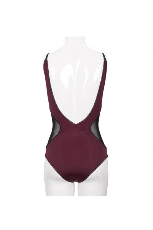 Punk One-Piece Swimsuit - Wine Red Waist Splice Mesh, Red, Women's Style, Gothic Style - additional product view 15
