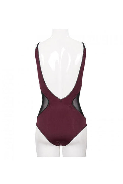 Punk One-Piece Swimsuit - Wine Red Waist Splice Mesh, Red, Women's Style, Gothic Style - additional product view 15