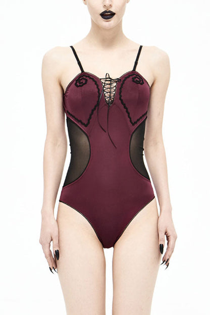Punk One-Piece Swimsuit - Wine Red Waist Splice Mesh, Red, Women's Style, Gothic Style - main product image