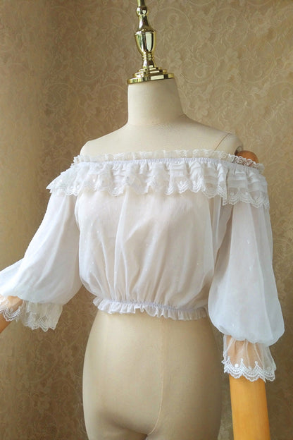 Punk T-Shirt - Boat Neck, White, Lace Trim, Sweet Style - Alternative Streetwear Top - additional product view 2