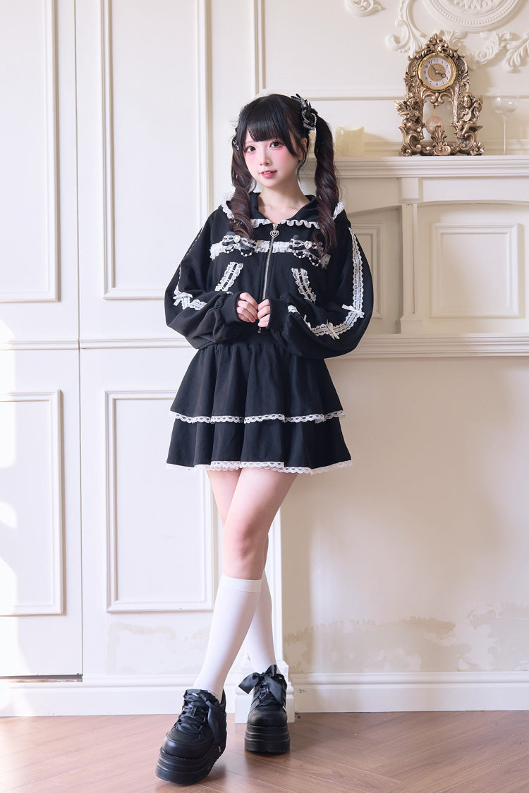 Punk T-Shirt - Bowknot Lace Hooded Jirai, 3 Colors, Sweet Style, Bow Detail, Lace Trim - additional product view 5