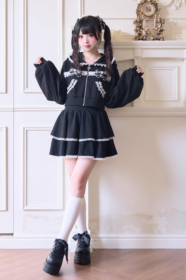 Punk T-Shirt - Bowknot Lace Hooded Jirai, 3 Colors, Sweet Style, Bow Detail, Lace Trim - additional product view 6