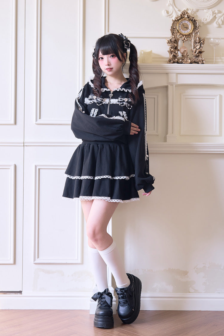 Punk T-Shirt - Bowknot Lace Hooded Jirai, 3 Colors, Sweet Style, Bow Detail, Lace Trim - additional product view 7