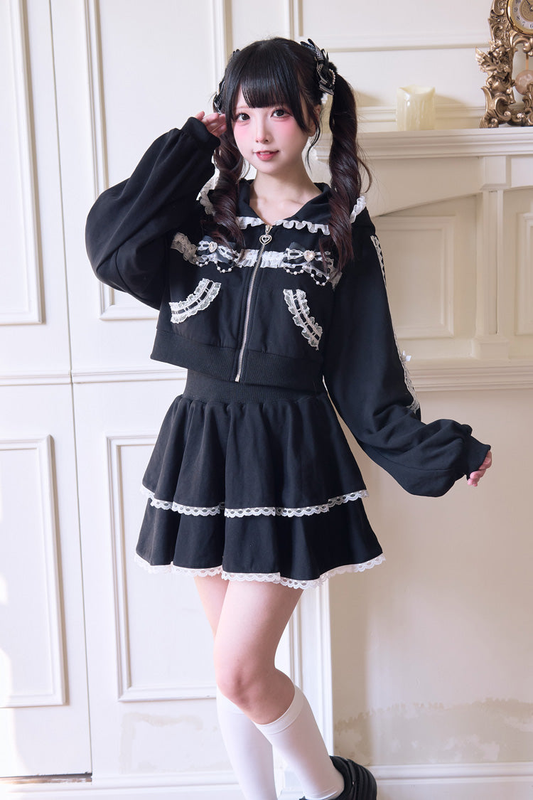 Punk T-Shirt - Bowknot Lace Hooded Jirai, 3 Colors, Sweet Style, Bow Detail, Lace Trim - M Black / L Black option
