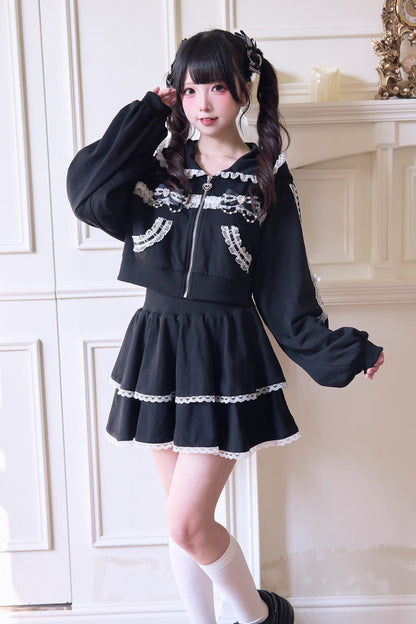 Punk T-Shirt - Bowknot Lace Hooded Jirai, 3 Colors, Sweet Style, Bow Detail, Lace Trim - M Black / L Black option