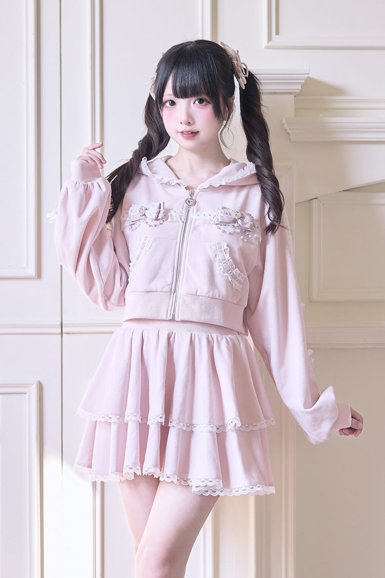 Punk T-Shirt - Bowknot Lace Hooded Jirai, 3 Colors, Sweet Style, Bow Detail, Lace Trim - M Pink / L Pink option