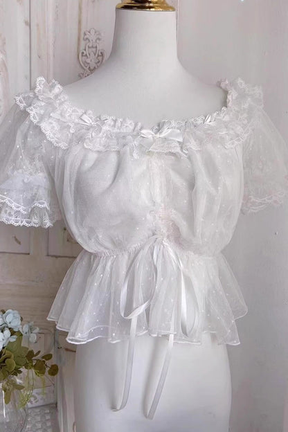 Punk T-Shirt - Cream Point, 2 Colors, Bow Detail, Lace Trim, Embroidered - S White / M White / L White option