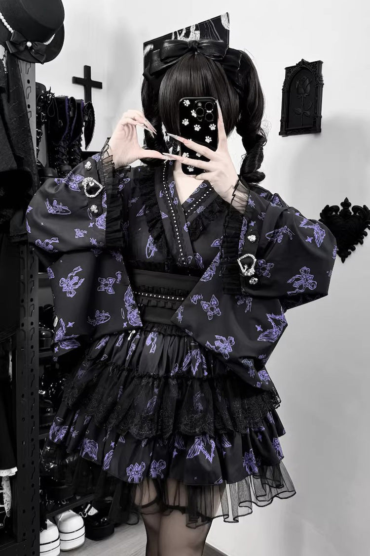 Punk T-Shirt - Jirai Kei, 3 Colors, Long Sleeves, Gothic Style, Lace Trim - M Black/Purple / L Black/Purple option