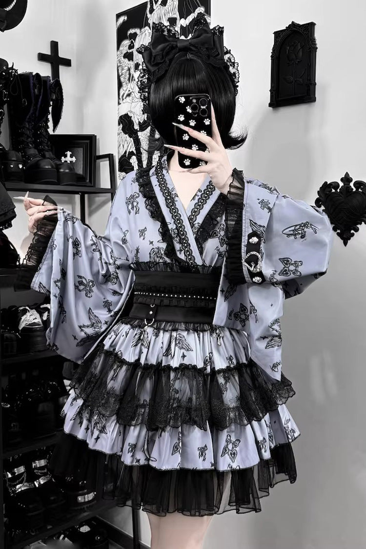 Punk T-Shirt - Jirai Kei, 3 Colors, Long Sleeves, Gothic Style, Lace Trim - M Grey/Black / L Grey/Black option