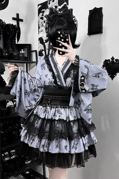 Punk T-Shirt - Jirai Kei, 3 Colors, Long Sleeves, Gothic Style, Lace Trim - M Grey/Black / L Grey/Black option
