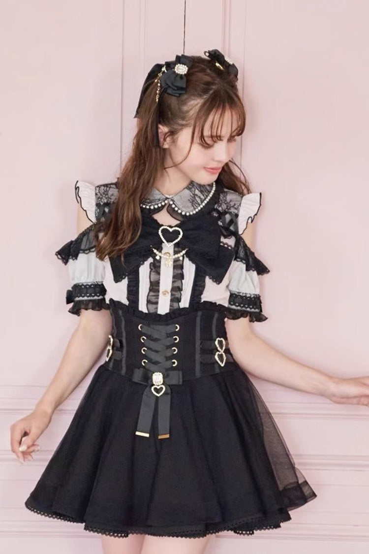 Punk T-Shirt - Lapel Collar Off Shoulder, 3 Colors, Sweet Style, Bow Detail - additional product view 2