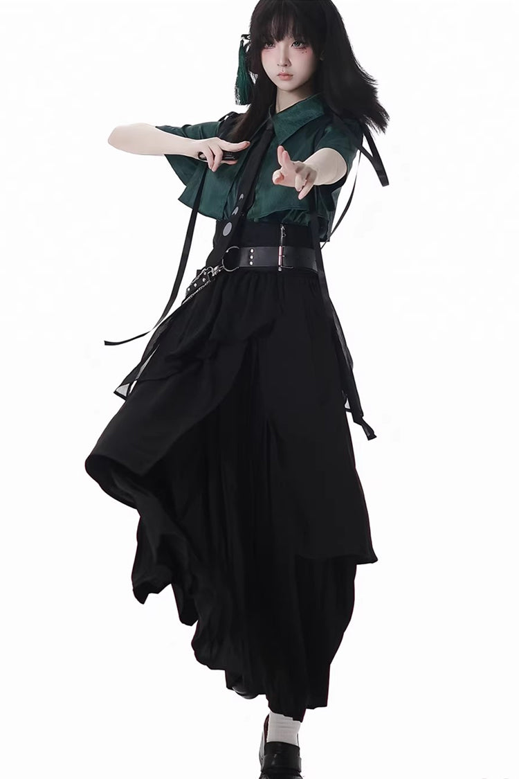 Punk T-Shirt - Moonlight Flowing, 2 Colors, Long Length, Short Length, Gothic Style - S Black/Green Long Skirt Set (Short-Sleeved) / M Black/Green Long Skirt Set (Short-Sleeved) / L Black/Green Long Skirt Set (Short-Sleeved) option