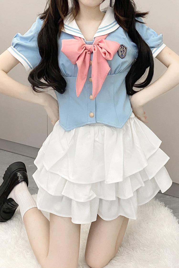 Punk T-Shirt - Multi-layer Ruffle Bowknot, 4 Colors, Ruffled, Sweet Style, Bow Detail - S Blue/White / M Blue/White / L Blue/White option