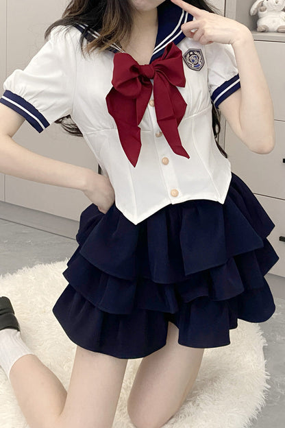 Punk T-Shirt - Multi-layer Ruffle Bowknot, 4 Colors, Ruffled, Sweet Style, Bow Detail - S White/Blue / M White/Blue / L White/Blue option