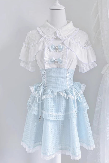 Punk T-Shirt - White/blue, 2 Colors, Ruffled, Layered, Lace-Up - additional product view 3
