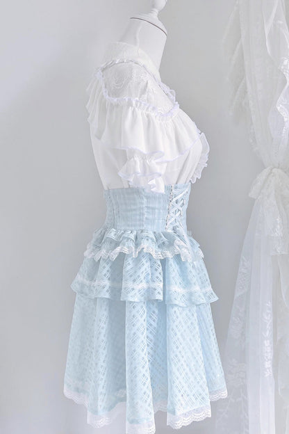 Punk T-Shirt - White/blue, 2 Colors, Ruffled, Layered, Lace-Up - additional product view 5