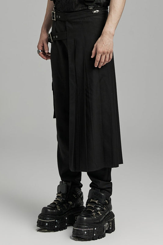 Ruffled Lolita Skirt - Asymmetric Buckle, Black, Pleated, Buckle Detail, Men's Style - additional product view 2