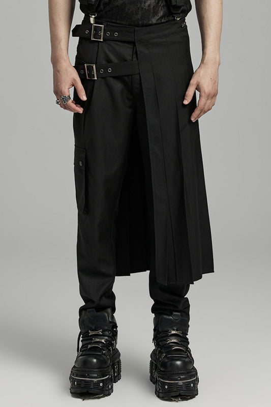 Ruffled Lolita Skirt - Asymmetric Buckle, Black, Pleated, Buckle Detail, Men's Style - main product image