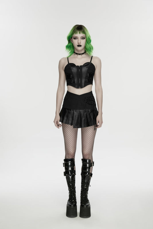 Ruffled Lolita Skirt - Asymmetric Buckled Pleated, Black, Pleated, Buckle Detail - main product image