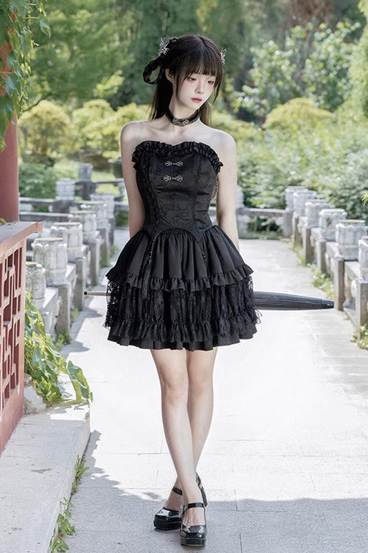 Ruffled Lolita Skirt - Bamboo Dream Multi-layer Dark, Black, Gothic Style, Ruffled - additional product view 2