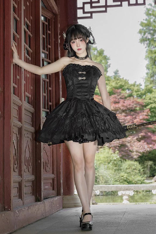 Ruffled Lolita Skirt - Bamboo Dream Multi-layer Dark, Black, Gothic Style, Ruffled - main product image