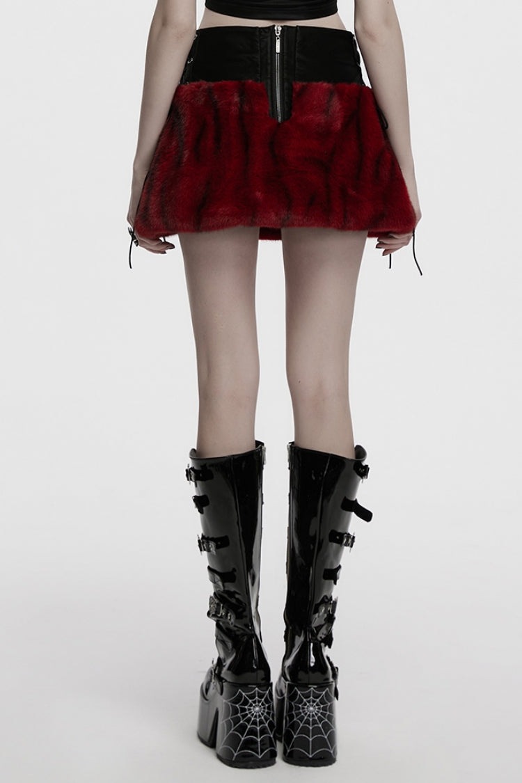 Ruffled Lolita Skirt - Black/red Faux Fur Stitching, 2 Colors, Women's Style, Lace-Up - additional product view 3