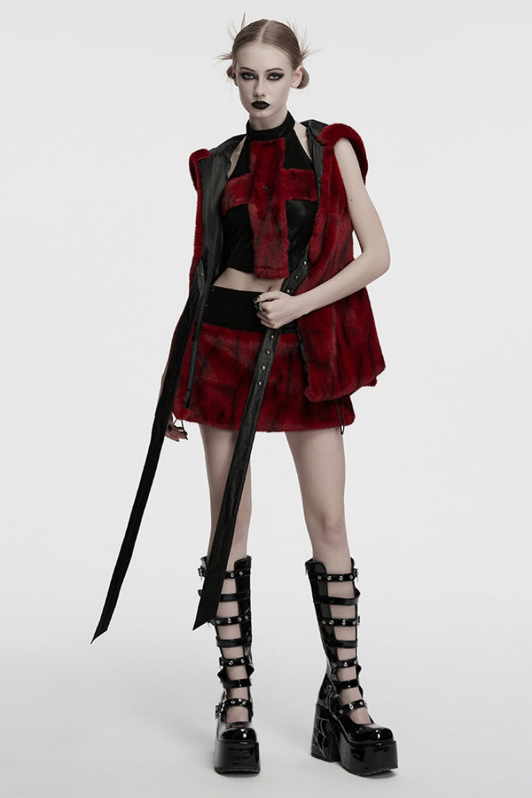 Ruffled Lolita Skirt - Black/red Faux Fur Stitching, 2 Colors, Women's Style, Lace-Up - additional product view 4