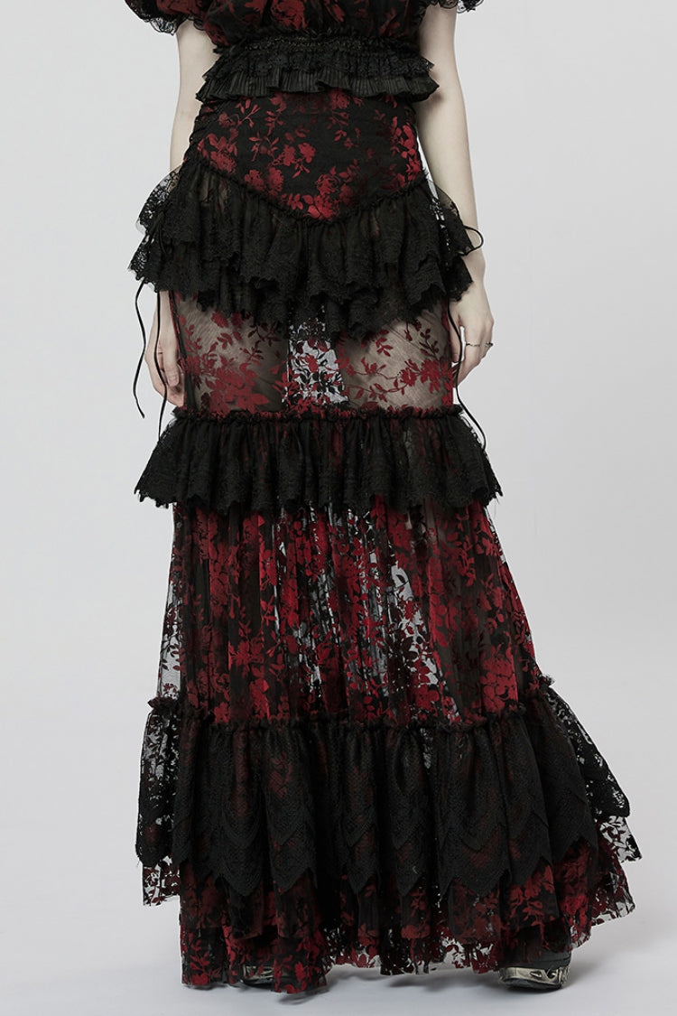 Ruffled Lolita Skirt - Black/red Layered, 2 Colors, Women's Style, Lace Trim, Ruffled - main product image