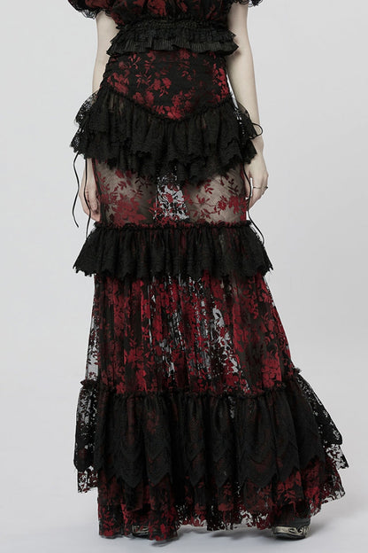 Ruffled Lolita Skirt - Black/red Layered, 2 Colors, Women's Style, Lace Trim, Ruffled - main product image