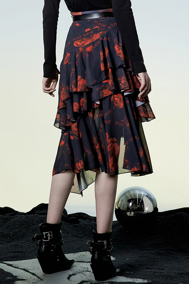 Ruffled Lolita Skirt - Black/red Layered Irregular, 2 Colors, Slit Detail, Women's Style - additional product view 3