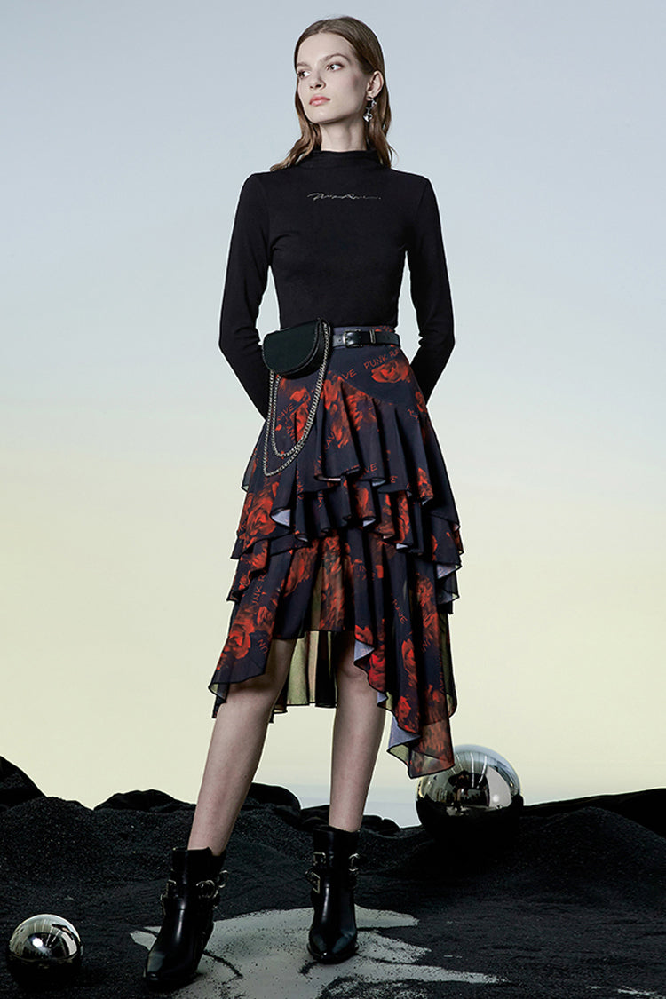 Ruffled Lolita Skirt - Black/red Layered Irregular, 2 Colors, Slit Detail, Women's Style - additional product view 4