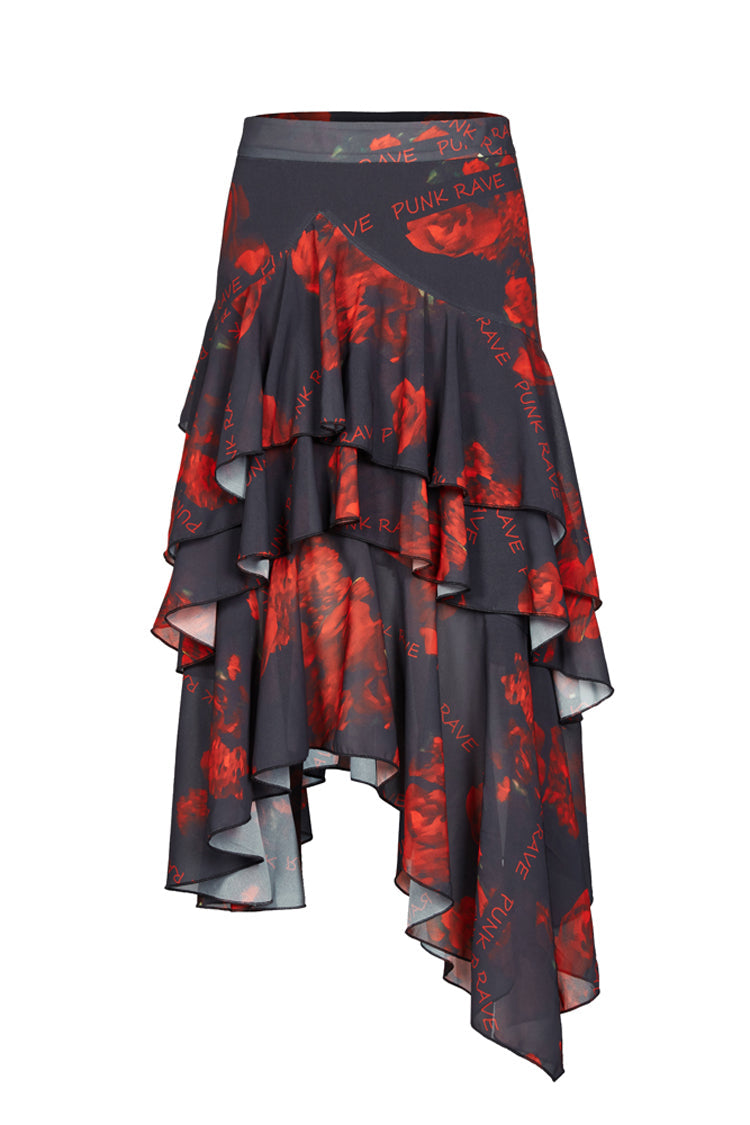 Ruffled Lolita Skirt - Black/red Layered Irregular, 2 Colors, Slit Detail, Women's Style - additional product view 5