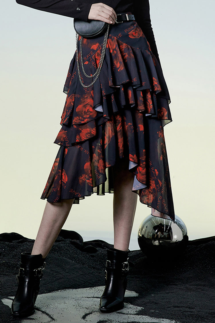 Ruffled Lolita Skirt - Black/red Layered Irregular, 2 Colors, Slit Detail, Women's Style - main product image