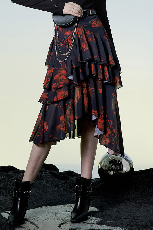 Ruffled Lolita Skirt - Black/red Layered Irregular, 2 Colors, Slit Detail, Women's Style - main product image
