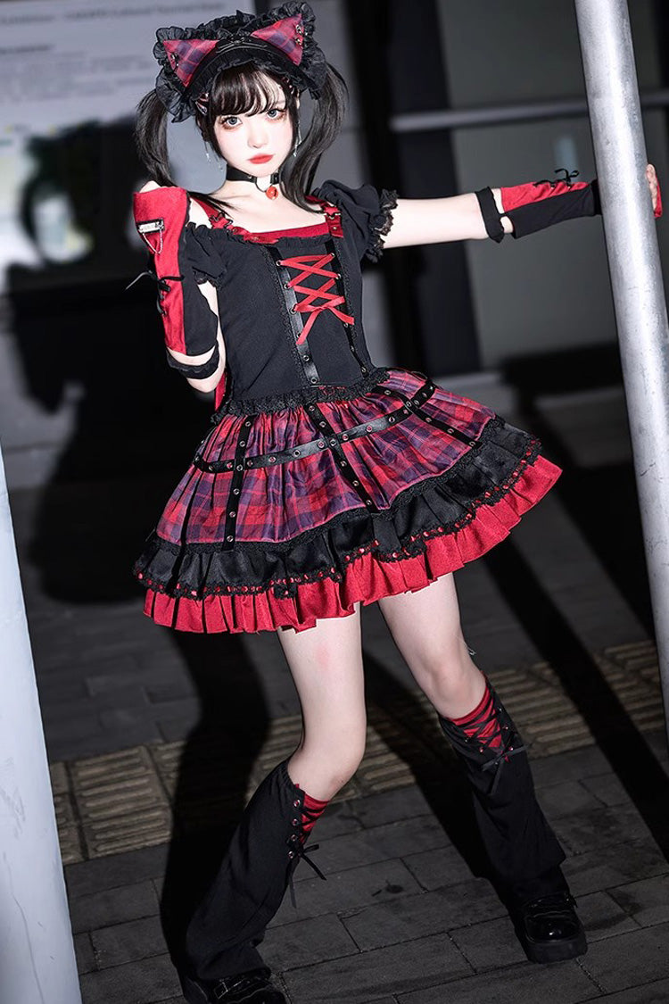 Ruffled Lolita Skirt - Black/red Print, 2 Colors, Ruffled, Printed, Lace-Up - additional product view 2