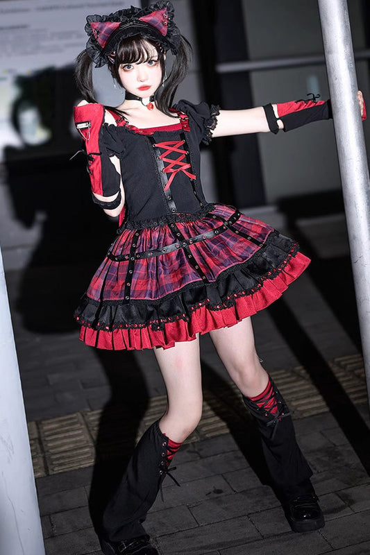 Ruffled Lolita Skirt - Black/red Print, 2 Colors, Ruffled, Printed, Lace-Up - additional product view 2
