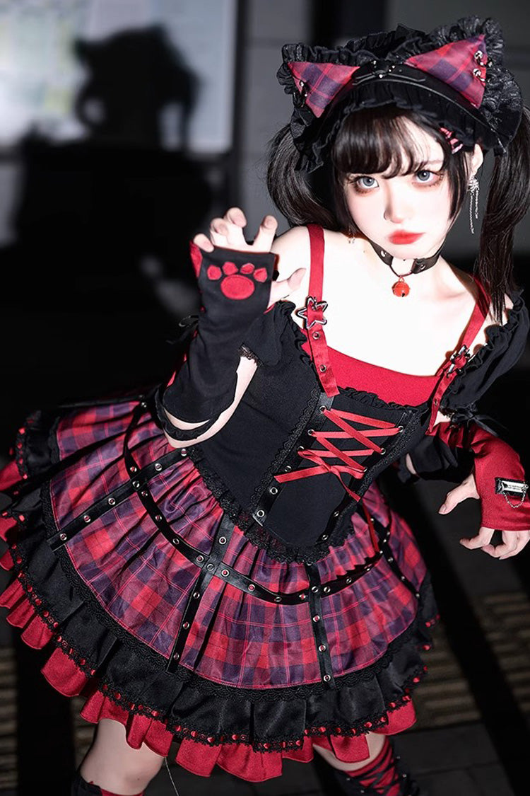 Ruffled Lolita Skirt - Black/red Print, 2 Colors, Ruffled, Printed, Lace-Up - additional product view 3