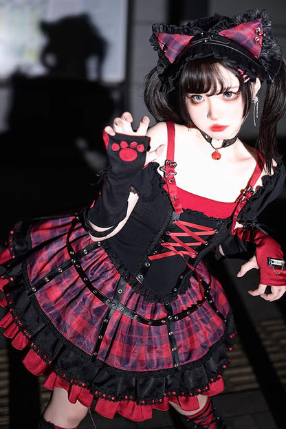 Ruffled Lolita Skirt - Black/red Print, 2 Colors, Ruffled, Printed, Lace-Up - additional product view 3