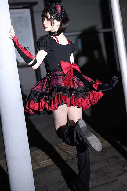 Ruffled Lolita Skirt - Black/red Print, 2 Colors, Ruffled, Printed, Lace-Up - additional product view 4
