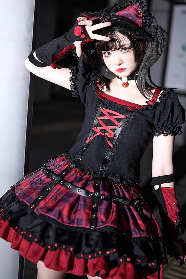 Ruffled Lolita Skirt - Black/red Print, 2 Colors, Ruffled, Printed, Lace-Up - main product image
