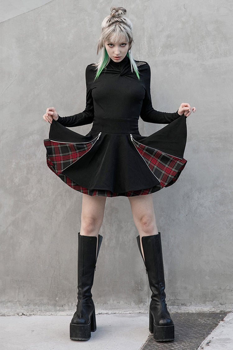 Ruffled Lolita Skirt - Black/red Splice Plaid Metal, 2 Colors, Pleated, Plaid - additional product view 4