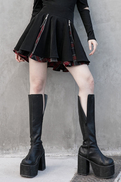 Ruffled Lolita Skirt - Black/red Splice Plaid Metal, 2 Colors, Pleated, Plaid - main product image