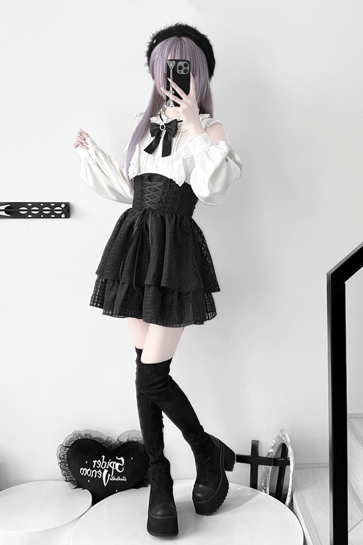 Ruffled Lolita Skirt - Blackberry Rite, Black, Bow Detail, Lace Trim, Lace-Up - additional product view 2