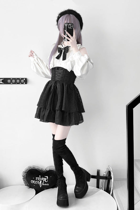 Ruffled Lolita Skirt - Blackberry Rite, Black, Bow Detail, Lace Trim, Lace-Up - additional product view 2