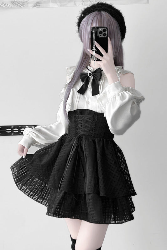 Ruffled Lolita Skirt - Blackberry Rite, Black, Bow Detail, Lace Trim, Lace-Up - main product image