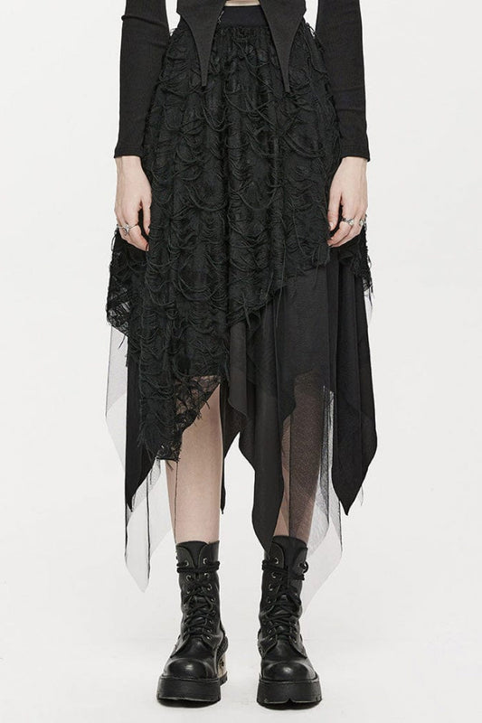 Ruffled Lolita Skirt - Butterfly Metal Buckle Irregular, Black, High-Low Hem - main product image